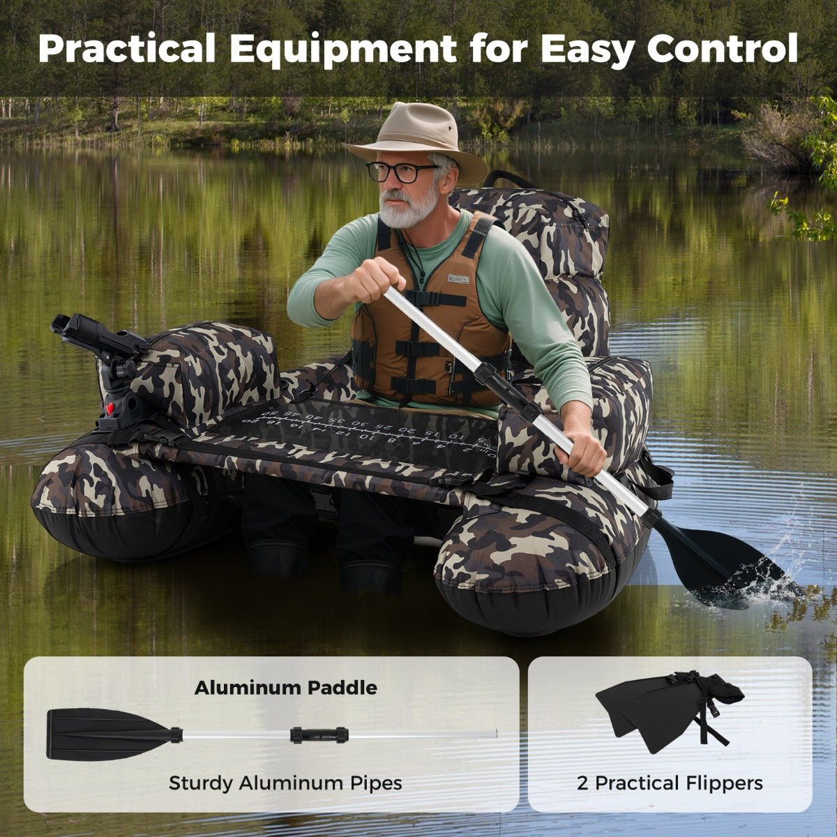 LIVSK Opblaasbare Vissersboot - Draagvermogen 150 kg - Verstelbare Schouderbanden - Hengelsteun - 110 x 108 x 64 cm - Groen