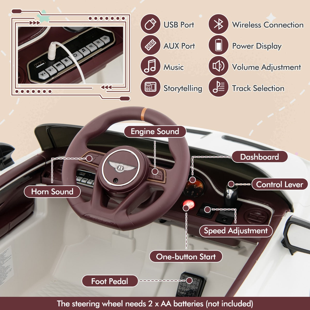 LIVSK Bentley Bacalar Elektrische Kinderauto - 2 Motoren - Afstandsbediening - Veersysteem - LED-verlichting - Zwart