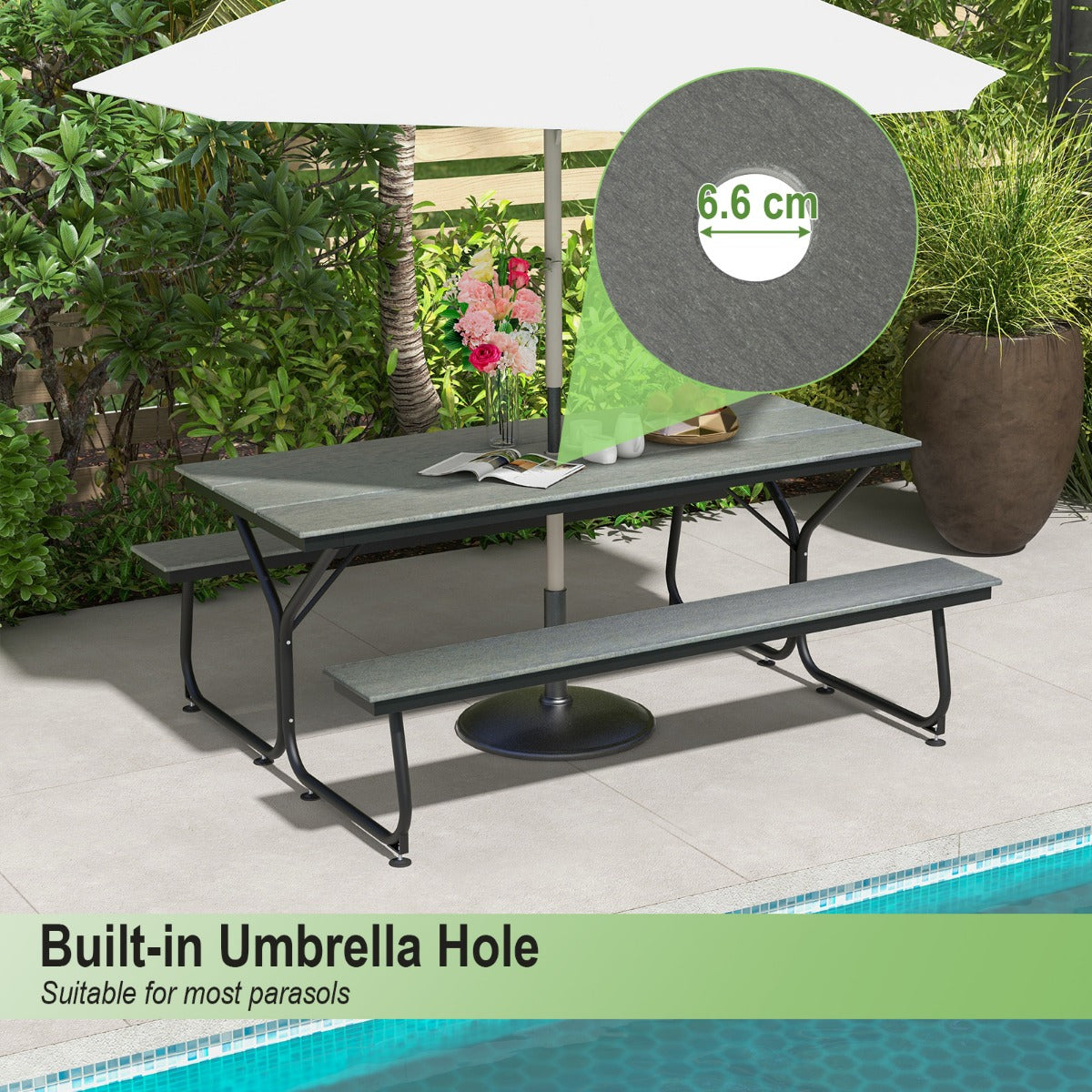 LIVSK BierTafelset met 2 Banken - HDPE Tafelblad - Stabiel Metaal - Voor 8 Volwassenen - Weerbestendig - 183 x 78,5 cm -