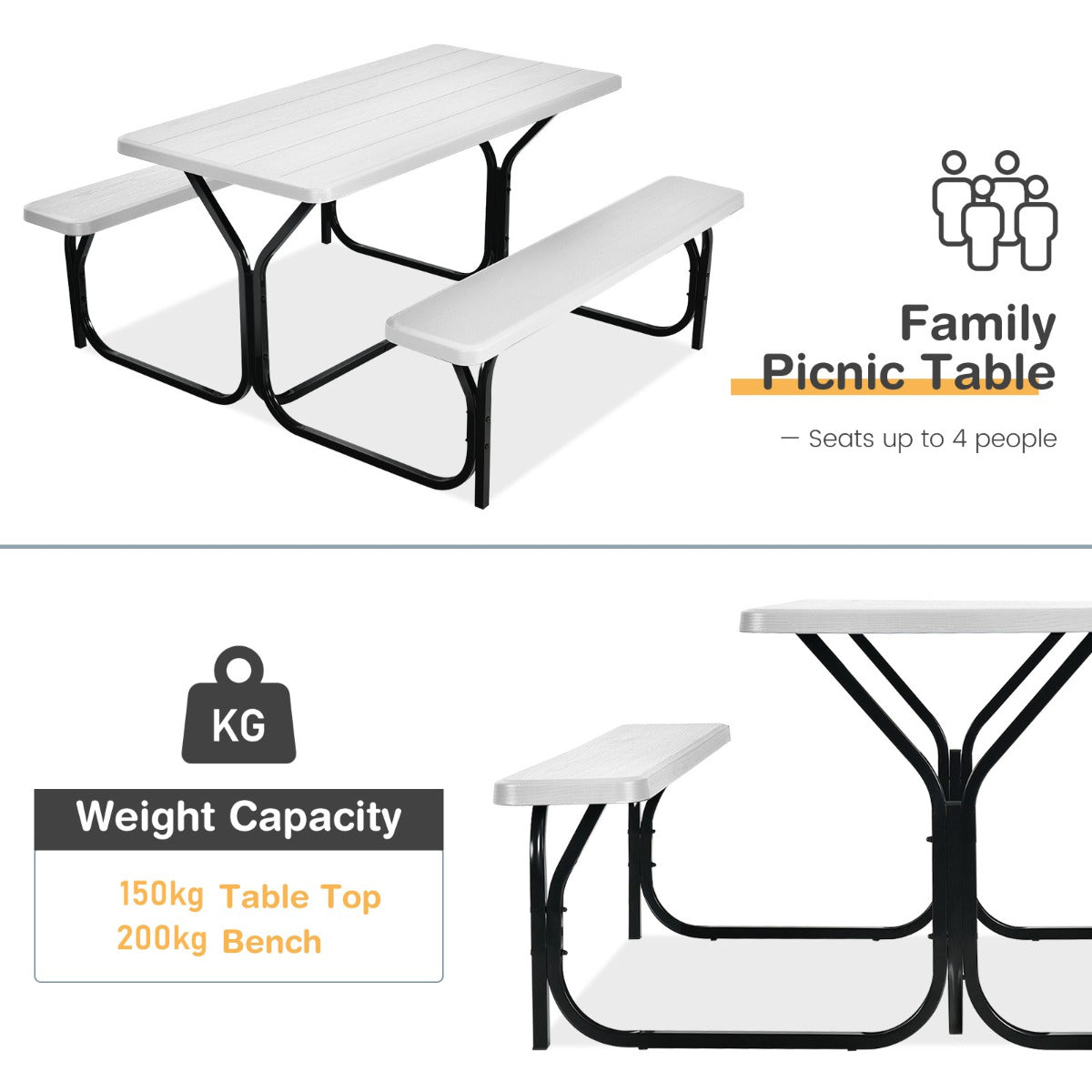 LIVSK Picknicktafelset - Weerbestendig HDPE - Ruim voor 4-6 Personen - Stabiel Metalen Frame - 137 x 150 x 72 cm - Wit