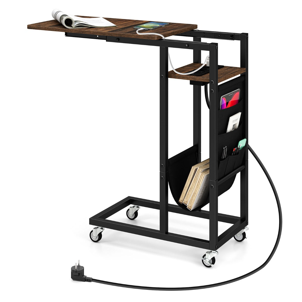 LIVSK C-vormige bijzettafel met uittrekbaar blad - Geïntegreerde AC- en USB-poorten - Zijvak - Ruimtebesparend - Rustiek bruin