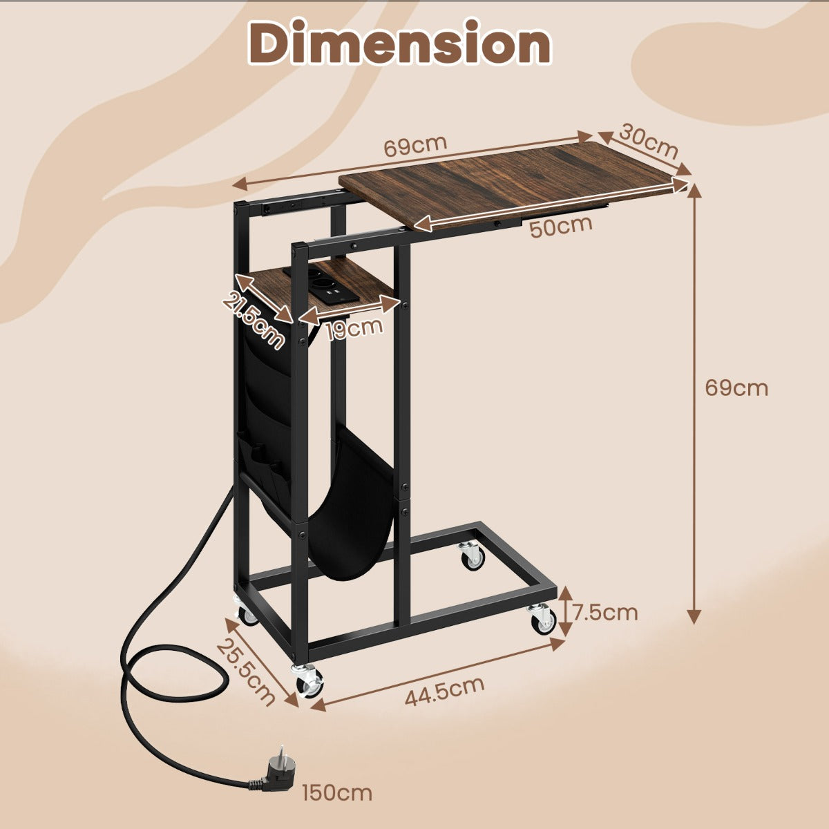 LIVSK C-vormige bijzettafel met uittrekbaar blad - Geïntegreerde AC- en USB-poorten - Zijvak - Ruimtebesparend - Rustiek bruin