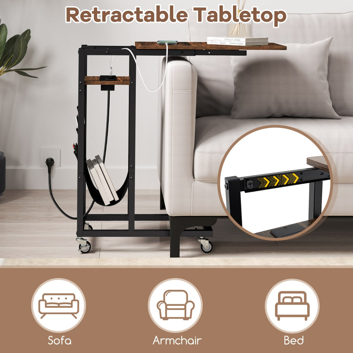 LIVSK C-vormige bijzettafel met uittrekbaar blad - Geïntegreerde AC- en USB-poorten - Zijvak - Ruimtebesparend - Rustiek bruin