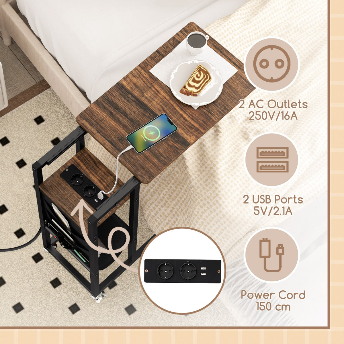 LIVSK C-vormige bijzettafel met uittrekbaar blad - Geïntegreerde AC- en USB-poorten - Zijvak - Ruimtebesparend - Rustiek bruin