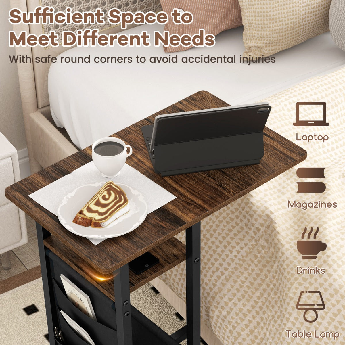 LIVSK C-vormige bijzettafel met uittrekbaar blad - Geïntegreerde AC- en USB-poorten - Zijvak - Ruimtebesparend - Rustiek bruin