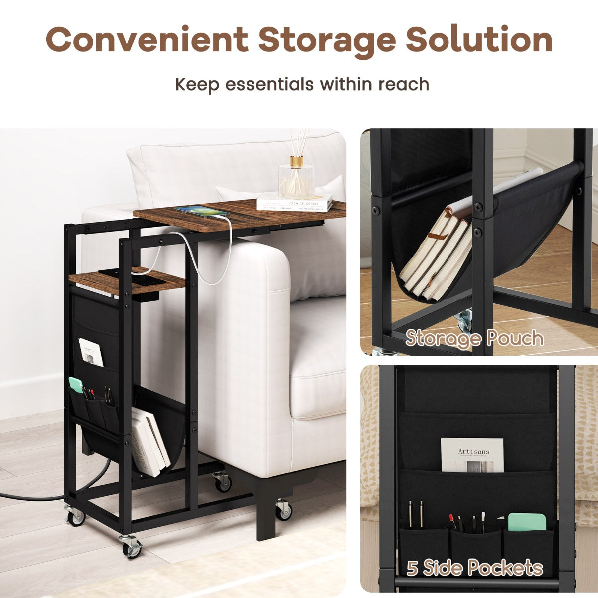 LIVSK C-vormige bijzettafel met uittrekbaar blad - Geïntegreerde AC- en USB-poorten - Zijvak - Ruimtebesparend - Rustiek bruin