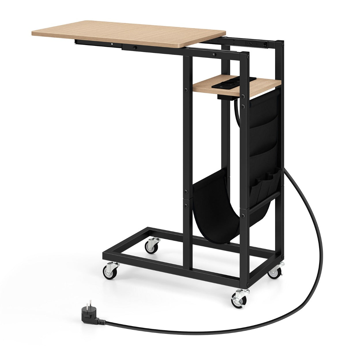 LIVSK Bijzettafel met Uittrekbaar Tafelblad - Geïntegreerde AC- en USB-poorten - C-vormig met Wieltjes - Rustiek bruin