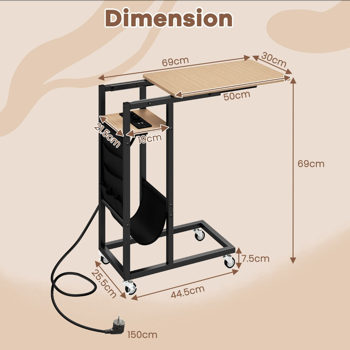 LIVSK Bijzettafel met Uittrekbaar Tafelblad - Geïntegreerde AC- en USB-poorten - C-vormig met Wieltjes - Rustiek bruin