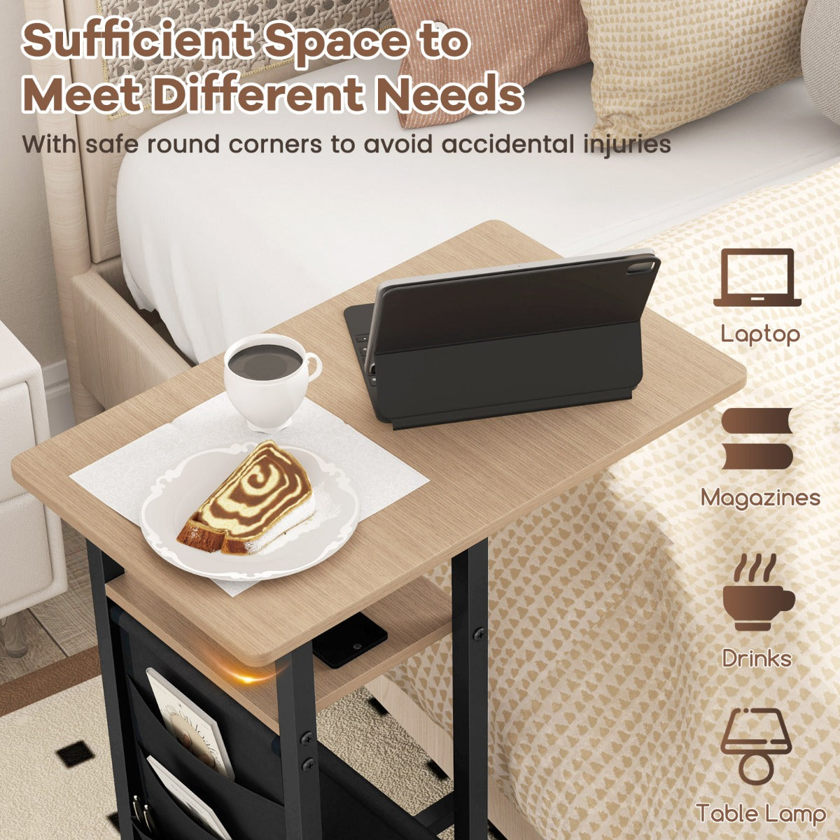 LIVSK Bijzettafel met Uittrekbaar Tafelblad - Geïntegreerde AC- en USB-poorten - C-vormig met Wieltjes - Rustiek bruin