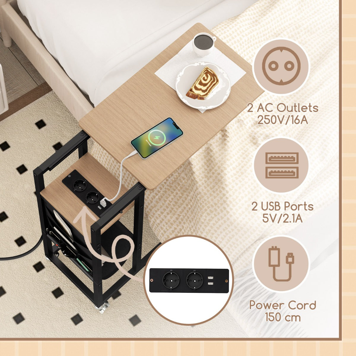 LIVSK Bijzettafel met Uittrekbaar Tafelblad - Geïntegreerde AC- en USB-poorten - C-vormig met Wieltjes - Rustiek bruin