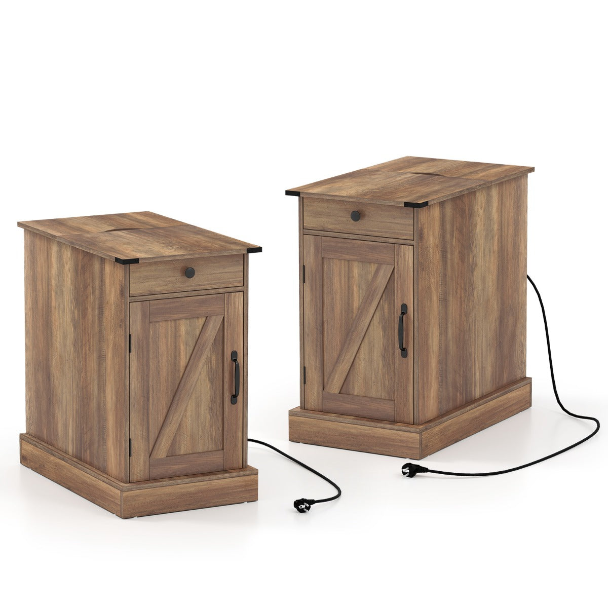 Livsk costway bijzettafel dressoir met oplaadstation nachtkastje met neerklapbaar tafelblad set van 2 bruin 1