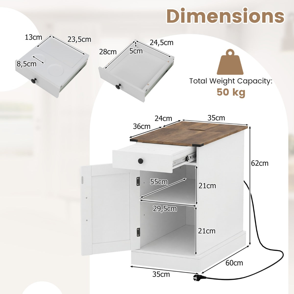 Livsk costway bijzettafel dressoir met oplaadstation nachtkastje met neerklapbaar tafelblad set van 2 wit 2