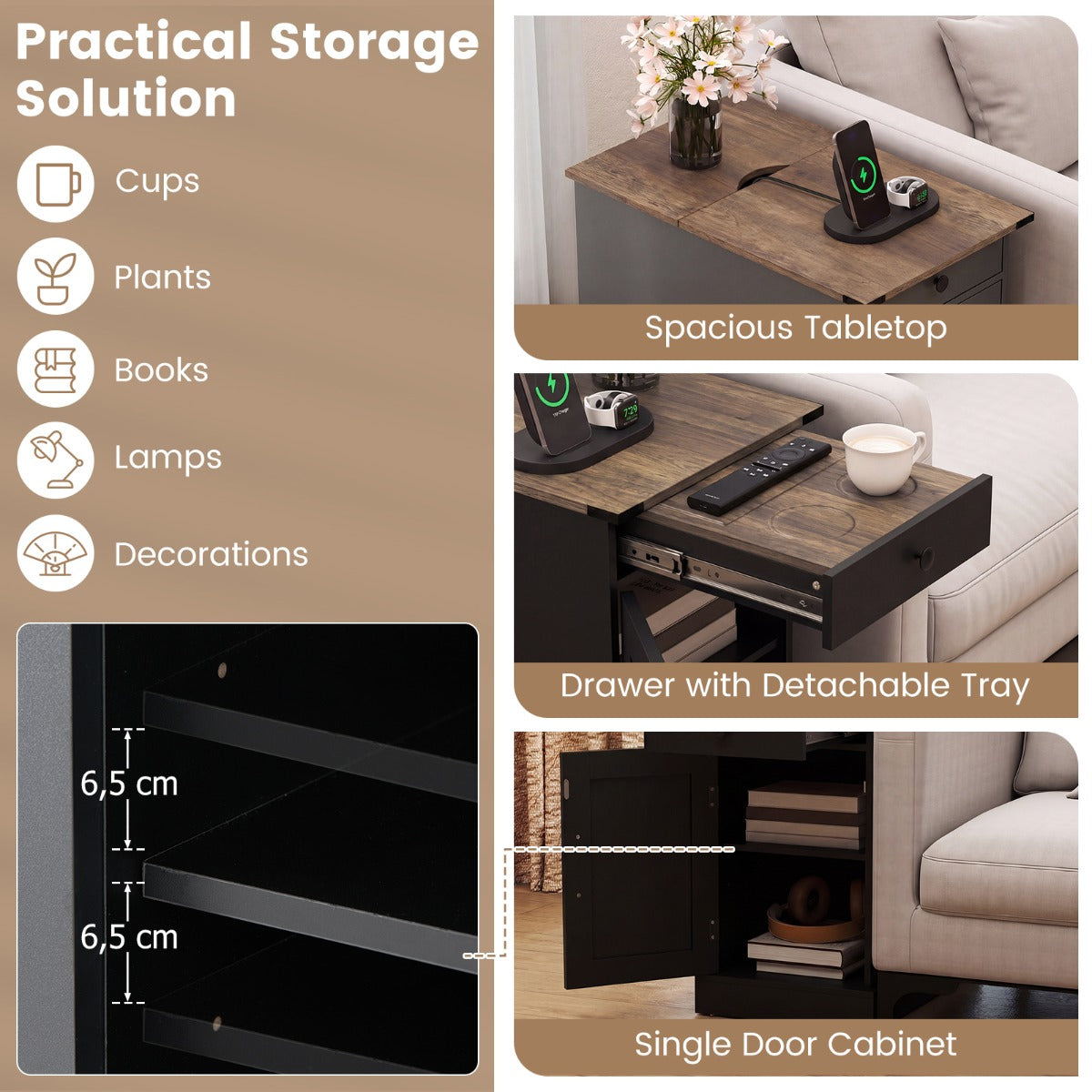Livsk costway bijzettafel dressoir met oplaadstation nachtkastje met neerklapbaar tafelblad set van 2 zwart