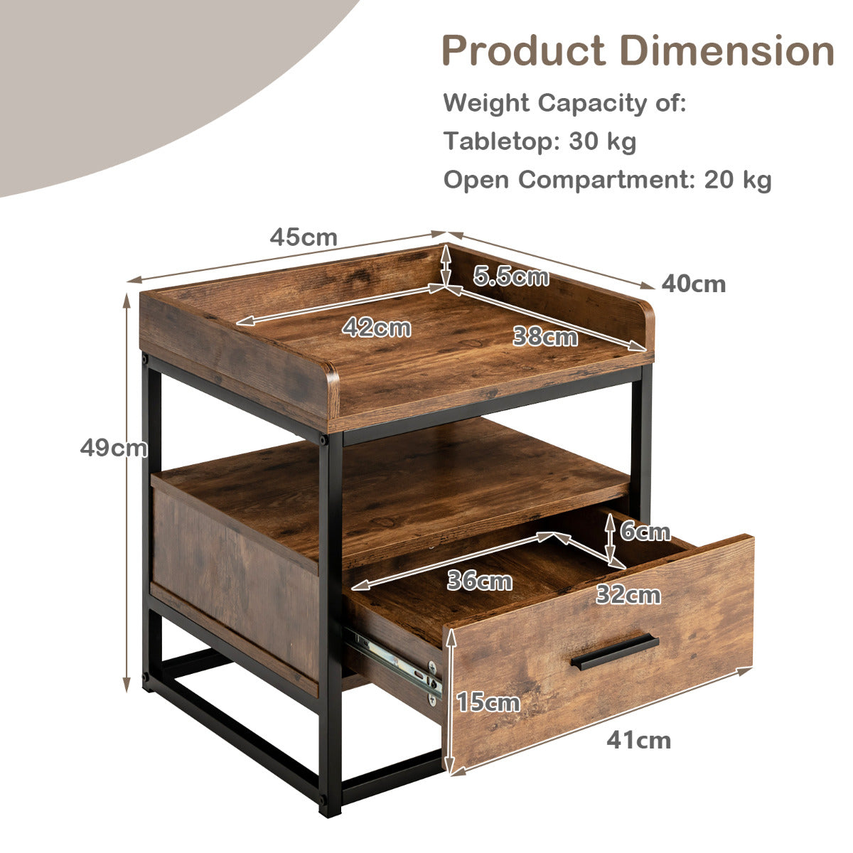LIVSK Bijzettafel met 2 Niveaus - Industrieel Design - Ruime Opbergruimte - Roestbestendig Stalen Frame - 45 x 40 x 49 cm - Bruin