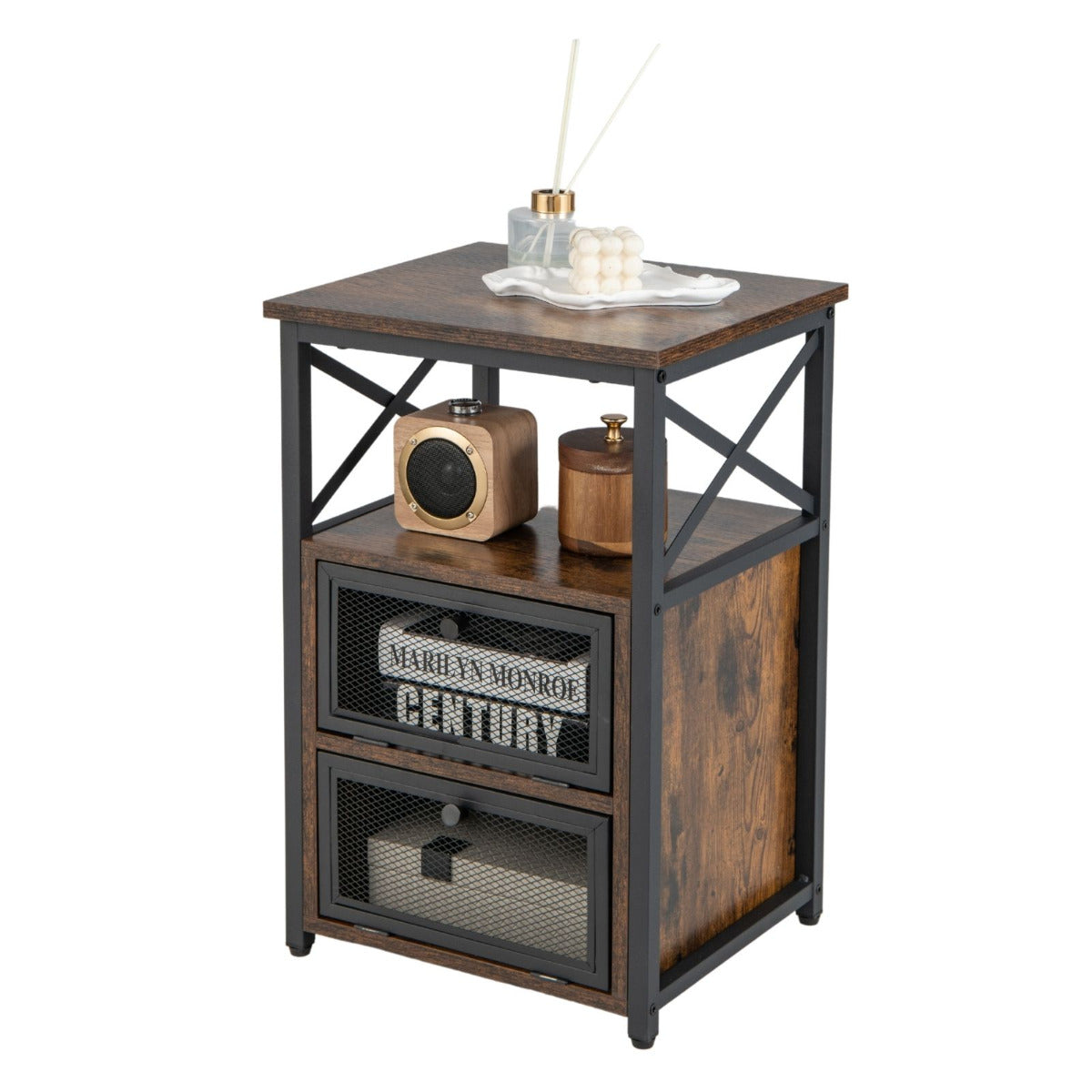 LIVSK Industriële Bijzettafel met Vouwladen - Waterdicht Tafelblad - Opbergruimte - Compact 40 x 35 x 61 cm - Rustiek bruin