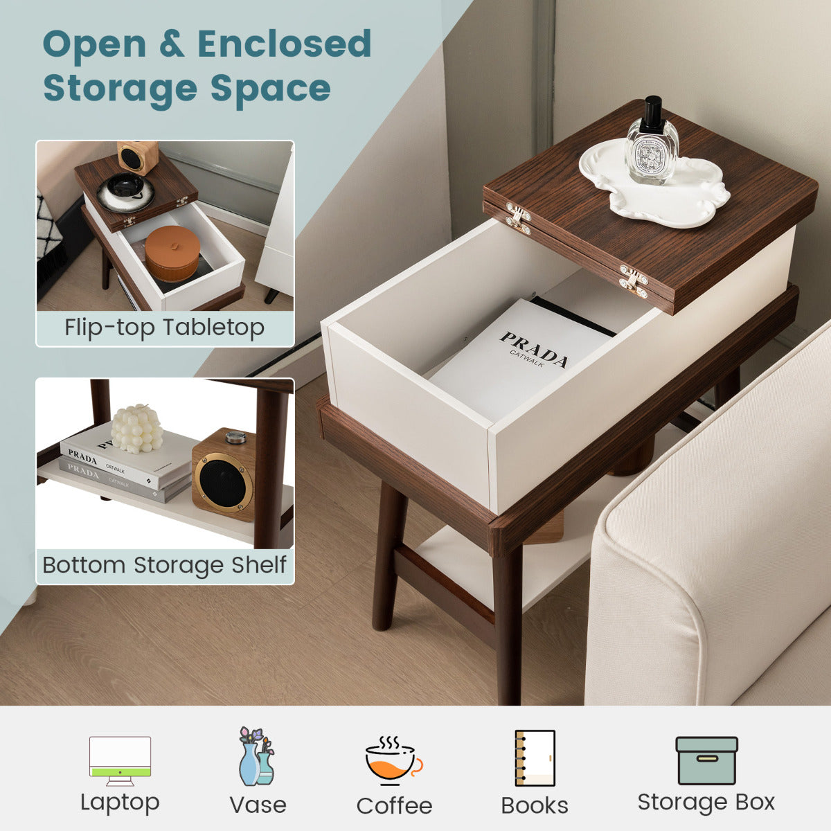 LIVSK Klaptafel met Opbergruimte - Inklapbaar Tafelblad - Rubberhout - Minimalistisch Design - Compact 60 x 30 x 60 cm -