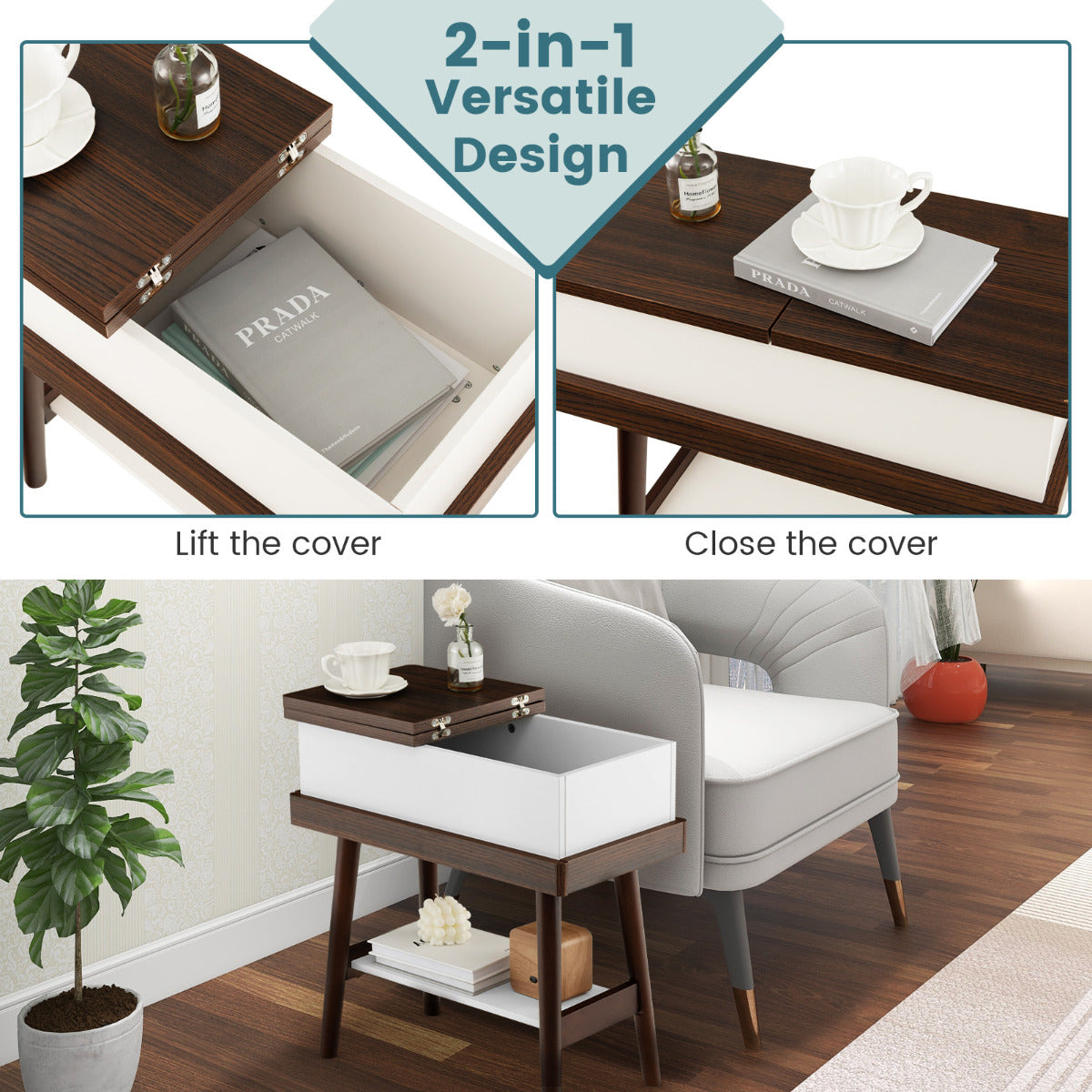 LIVSK Klaptafel met Opbergruimte - Inklapbaar Tafelblad - Rubberhout - Minimalistisch Design - Compact 60 x 30 x 60 cm -