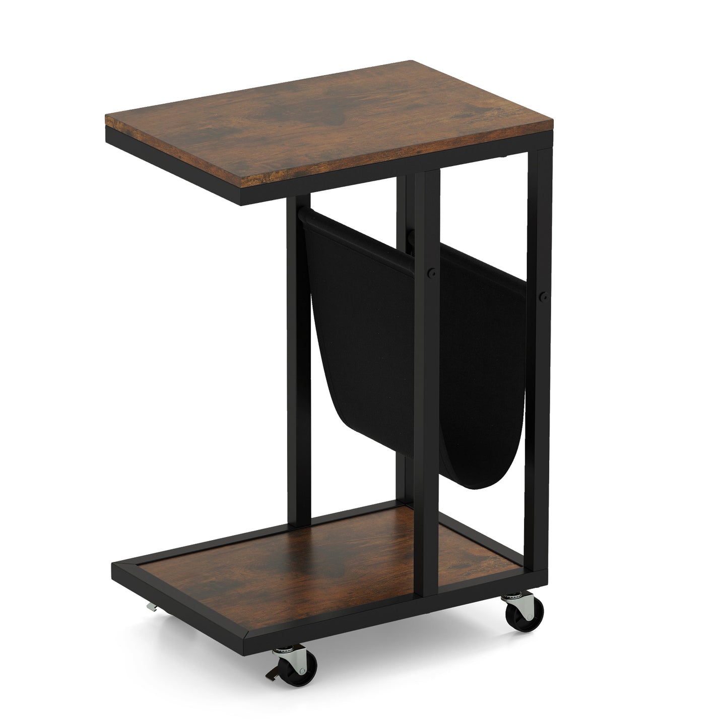 LIVSK C-vormige Bijzettafel met Wielen - Compact en Verrijdbaar - Metalen Frame - Opbergzak en Plank - 40 x 28 x 59 cm - Rustiek