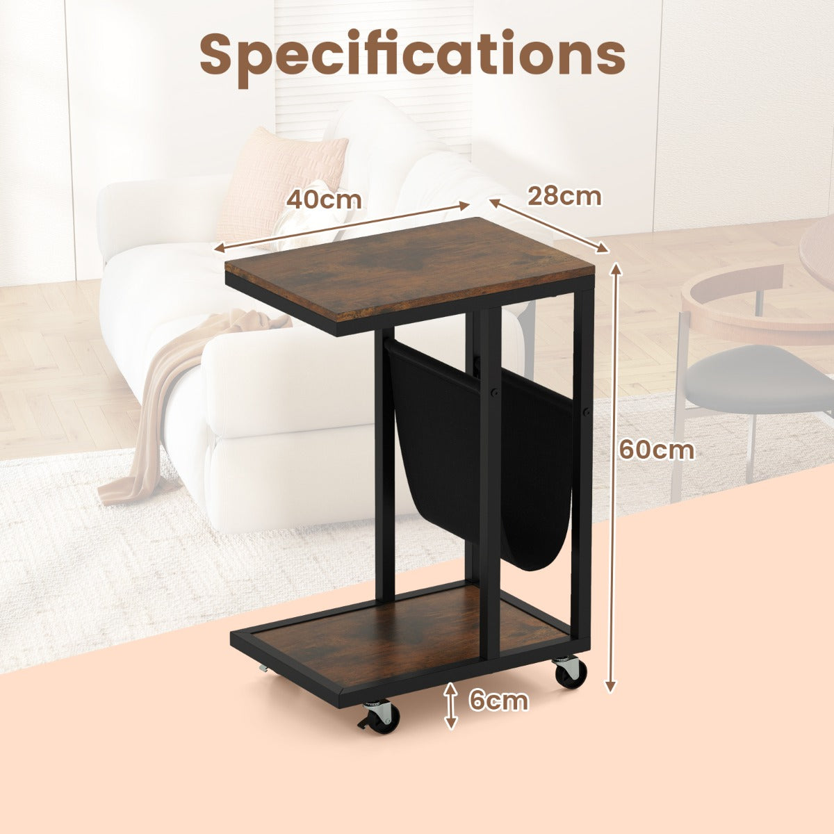 LIVSK C-vormige Bijzettafel met Wielen - Compact en Verrijdbaar - Metalen Frame - Opbergzak en Plank - 40 x 28 x 59 cm - Rustiek