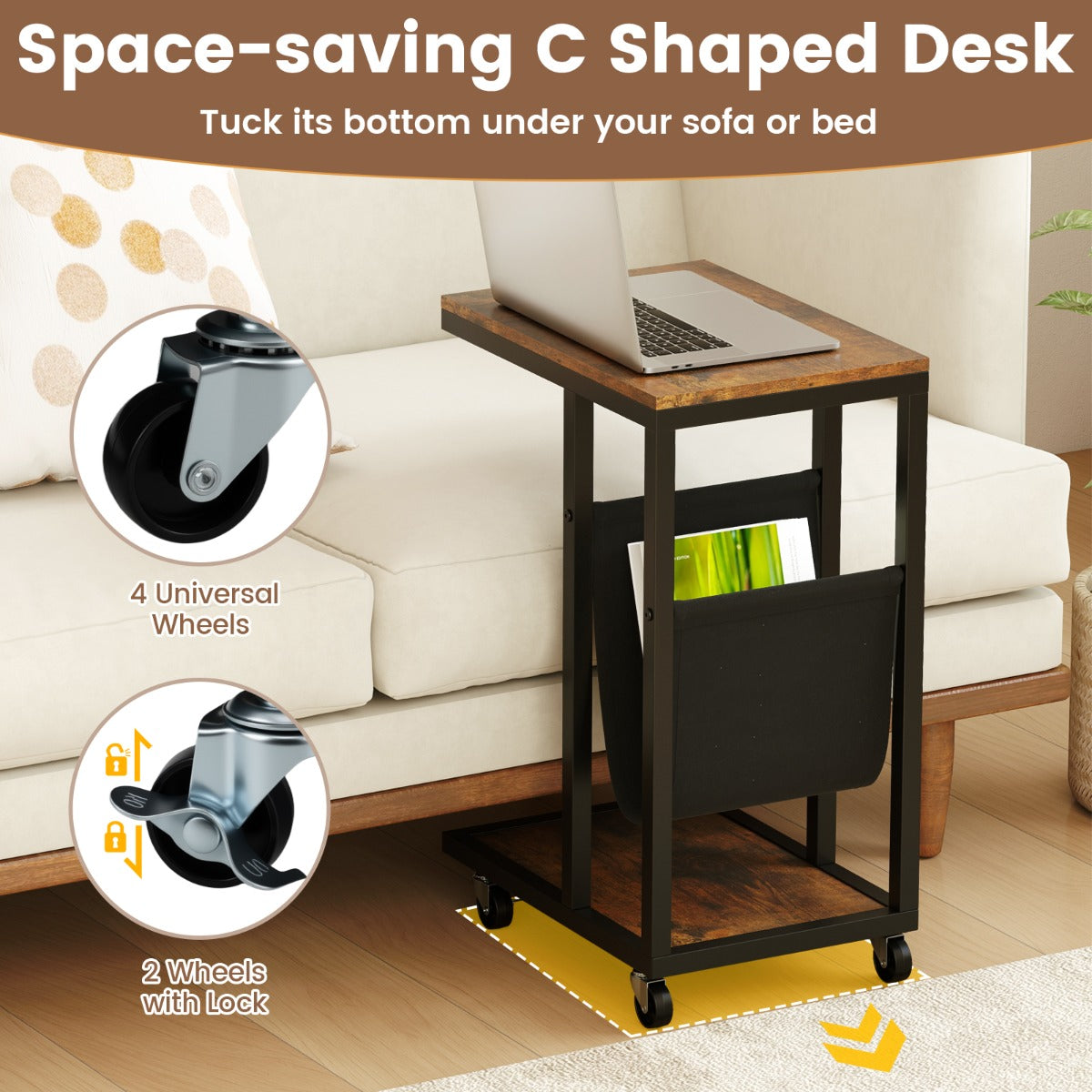 LIVSK C-vormige Bijzettafel met Wielen - Compact en Verrijdbaar - Metalen Frame - Opbergzak en Plank - 40 x 28 x 59 cm - Rustiek