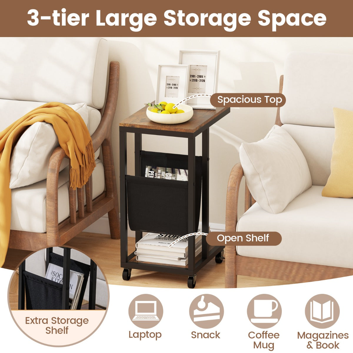 LIVSK C-vormige Bijzettafel met Wielen - Compact en Verrijdbaar - Metalen Frame - Opbergzak en Plank - 40 x 28 x 59 cm - Rustiek