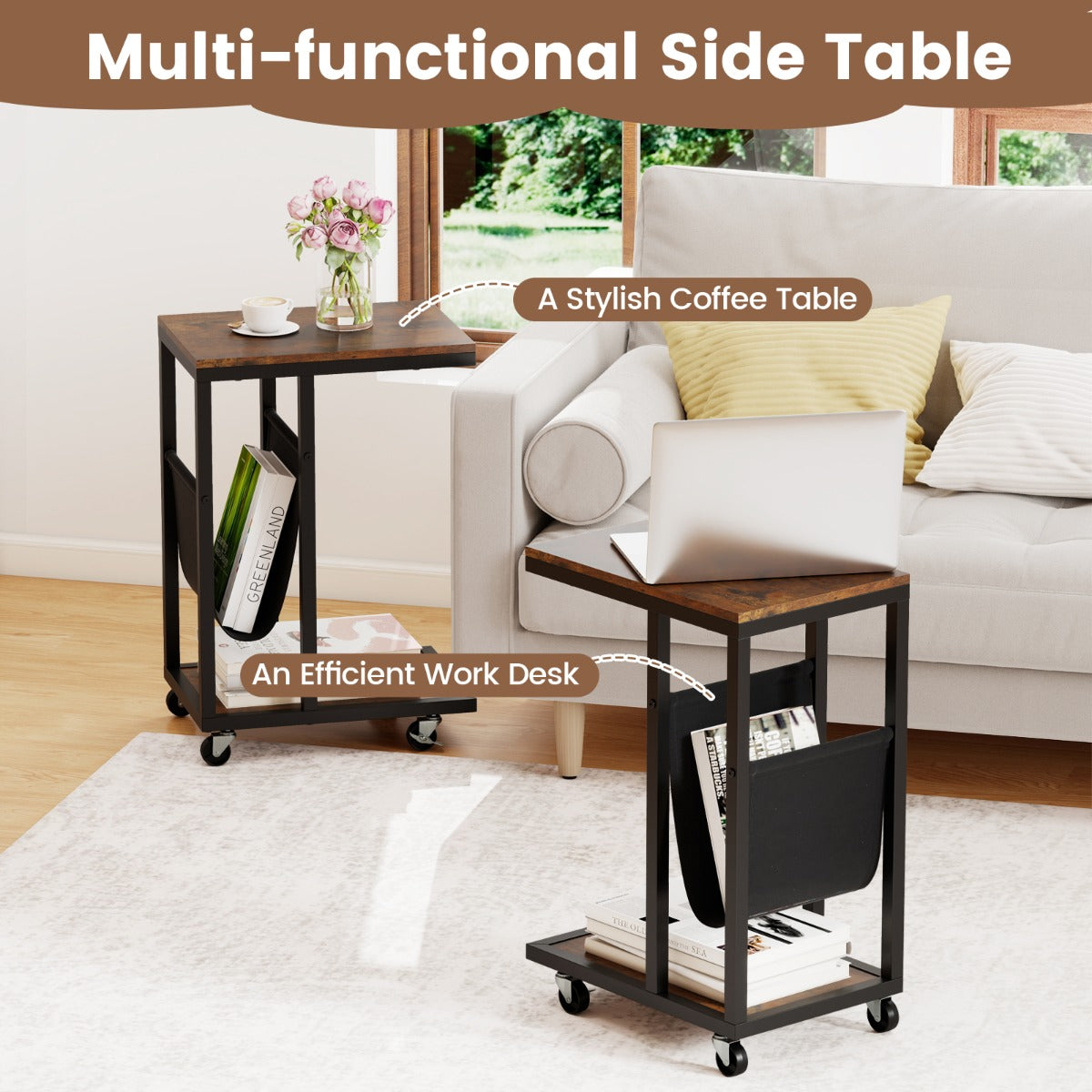 LIVSK C-vormige Bijzettafel met Wielen - Compact en Verrijdbaar - Metalen Frame - Opbergzak en Plank - 40 x 28 x 59 cm - Rustiek