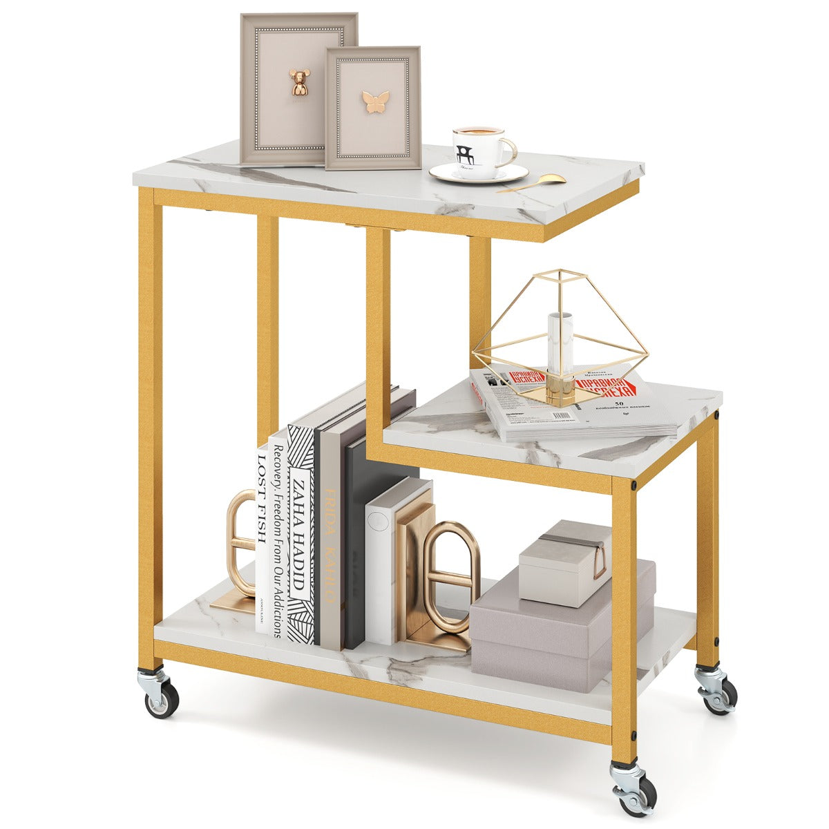 LIVSK G-vormige Bijzettafel met Wieltjes - 3 Niveaus - Stevig Metalen Frame - Tot 50 kg - Ondersteunt Multifunctioneel Gebruik -