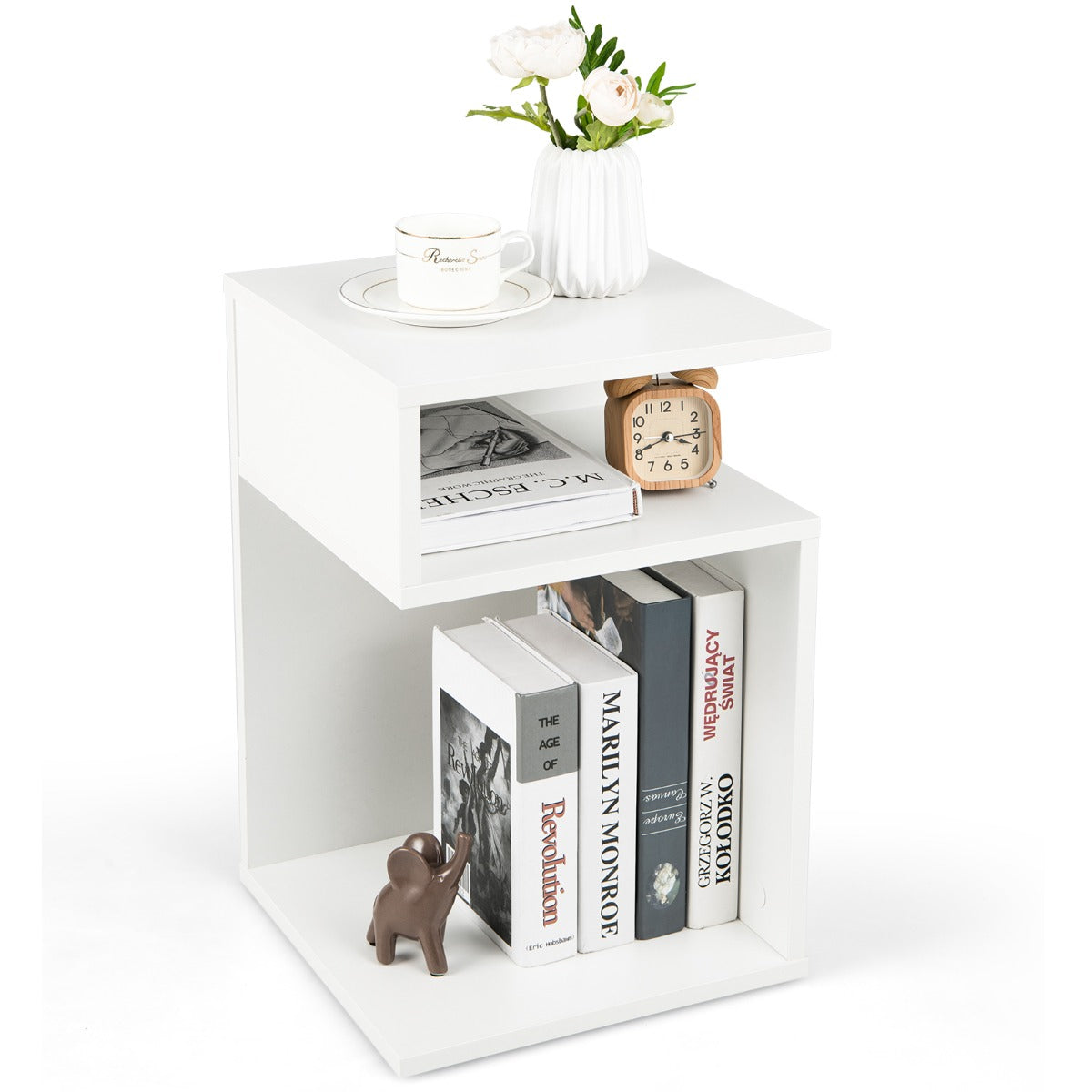 LIVSK Bijzettafel met 2 Open Vakken - Elegant 'S'-vormontwerp - Antislippads - Eenvoudig te Monteren - 33 x 33 x 50 cm - Wit