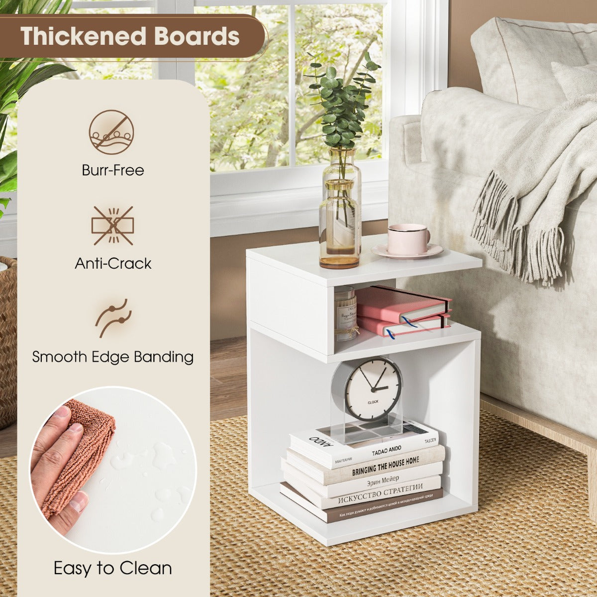LIVSK Bijzettafel met 2 Open Vakken - Elegant 'S'-vormontwerp - Antislippads - Eenvoudig te Monteren - 33 x 33 x 50 cm - Wit