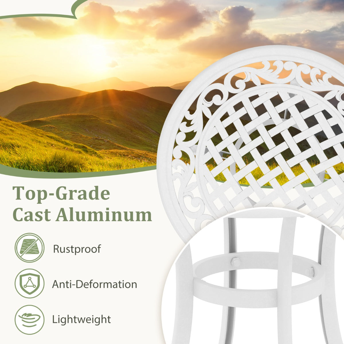 LIVSK Weerbestendige Bijzettafel van Gegoten Aluminium - Versterkte Houder - Verstelbare Voetkussens - Retro Design - Antiek Bruin