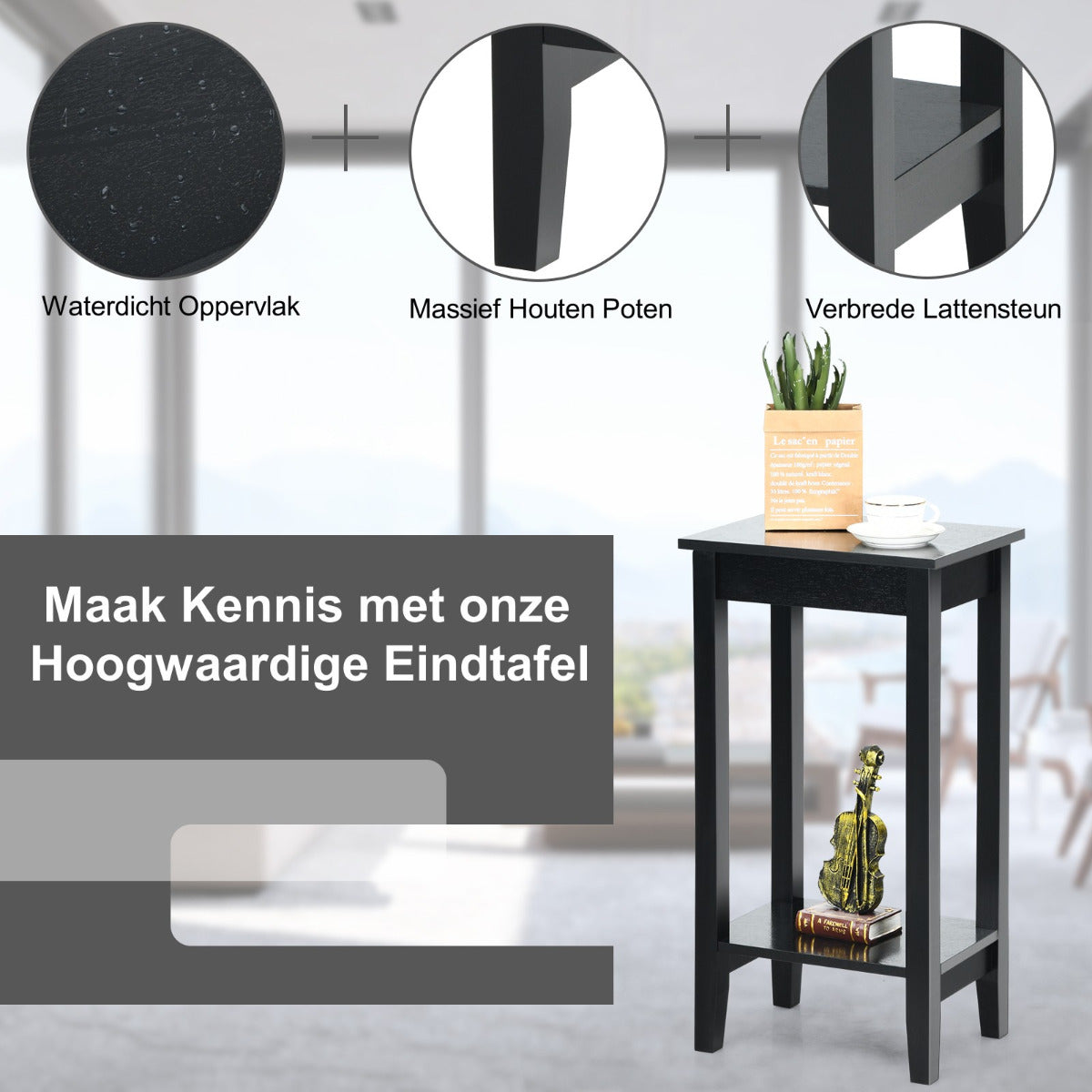 LIVSK Bijzettafel - 2-Laags Houten Ontwerp - Stevige Constructie - Ruimtebesparend - Multifunctioneel - 40 x 30 x 73,5 cm - Zwart