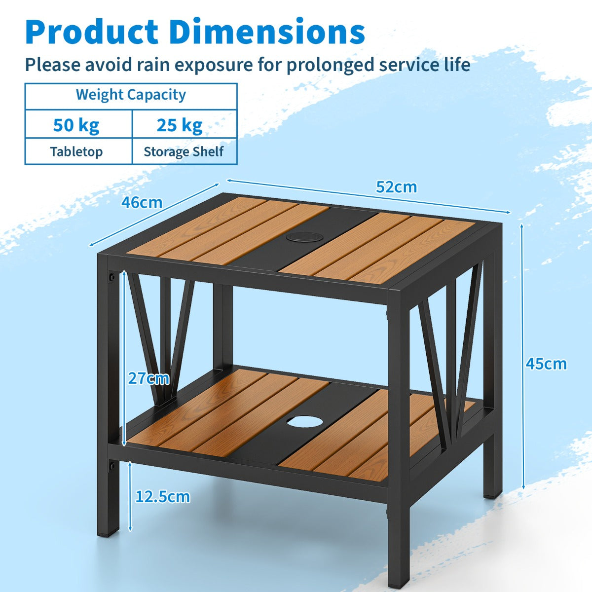 LIVSK Terrasbijzettafel - Stevig Metaal - 2 Niveaus met Opbergruimte - Parasolgat - Tot 50 kg - 52 x 46 x 45 cm - Zwart en naturel