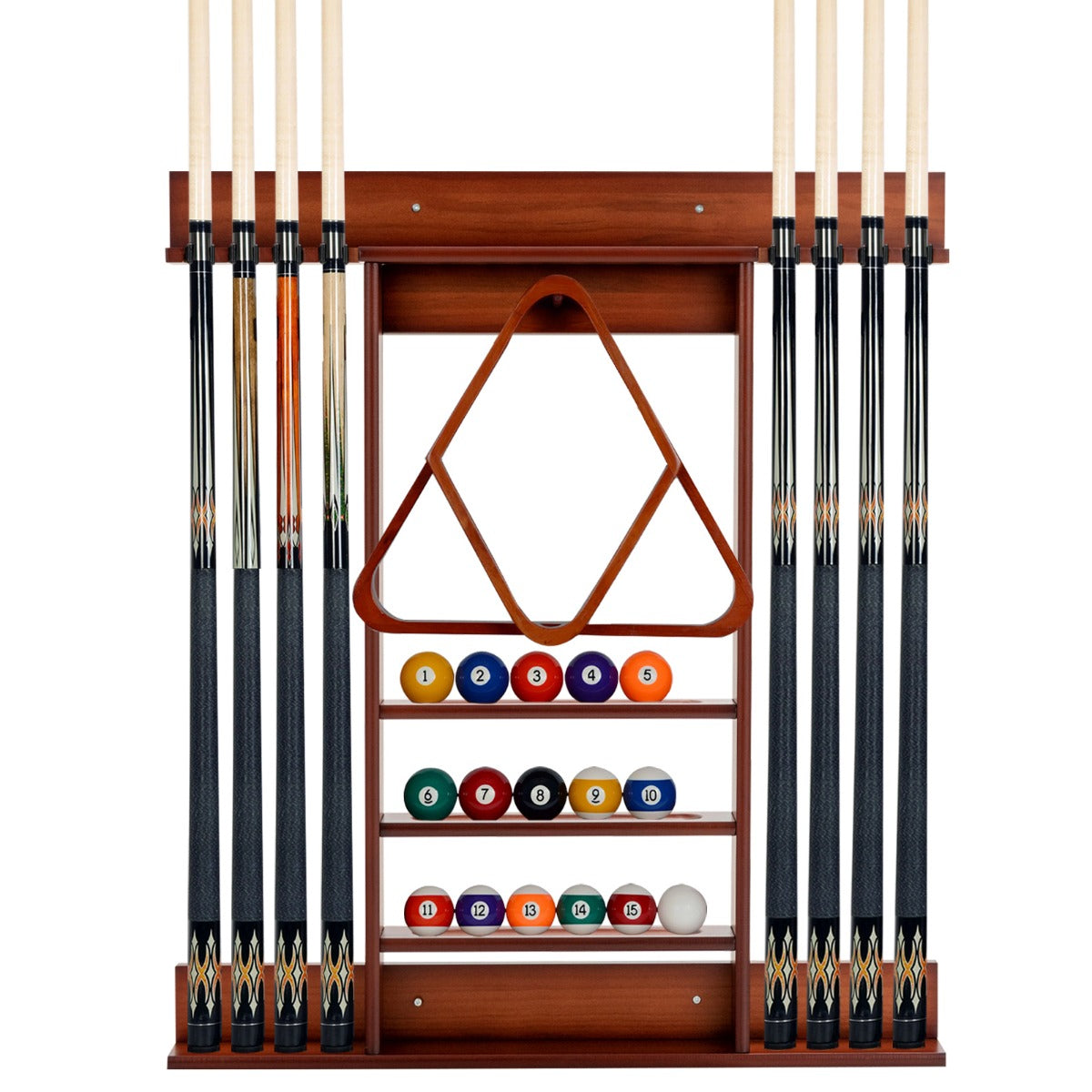 LIVSK Biljartkeu Houder - Wandmontage - Massief Grenenhout - Opbergruimte voor 8 Keues en 15 Ballen - Compact Design - Bruin