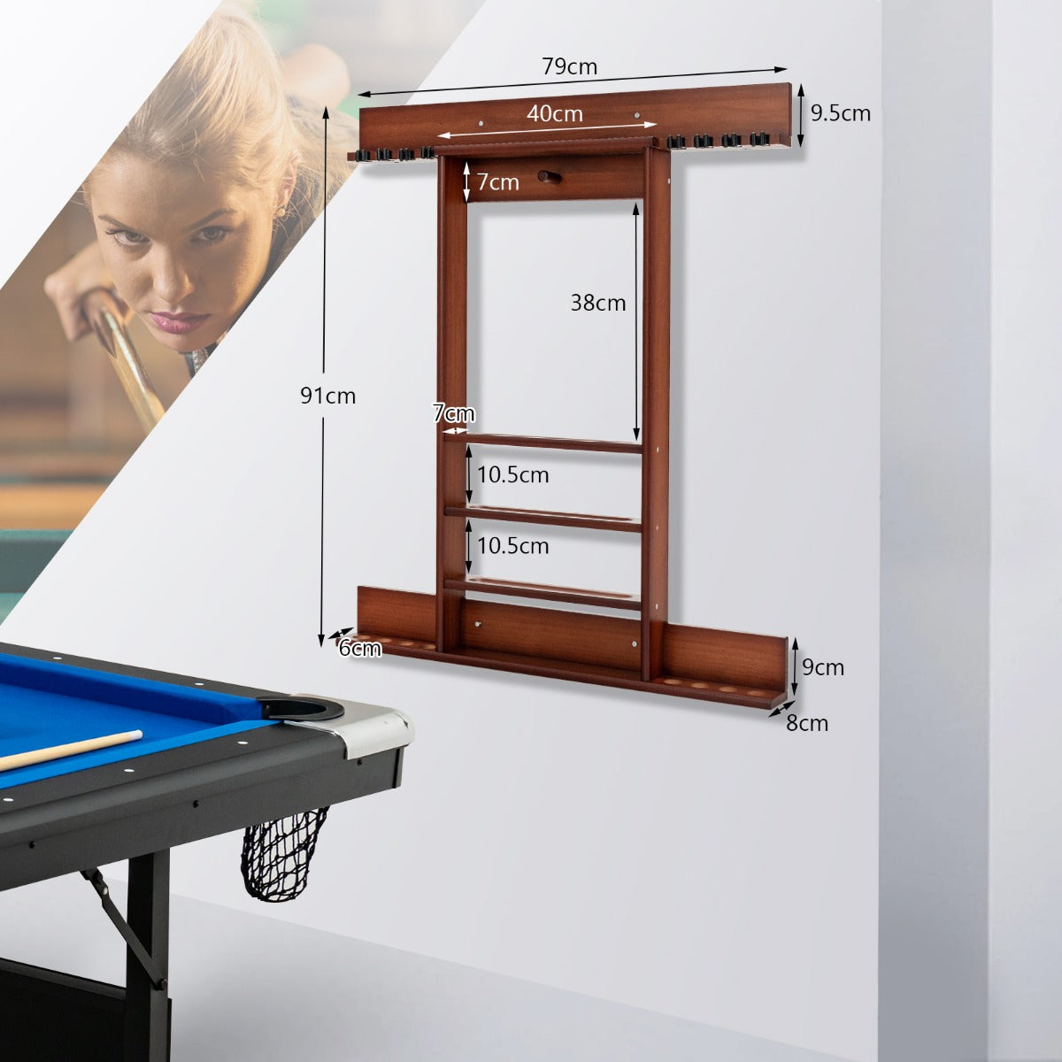 LIVSK Biljartkeu Houder - Wandmontage - Massief Grenenhout - Opbergruimte voor 8 Keues en 15 Ballen - Compact Design - Bruin