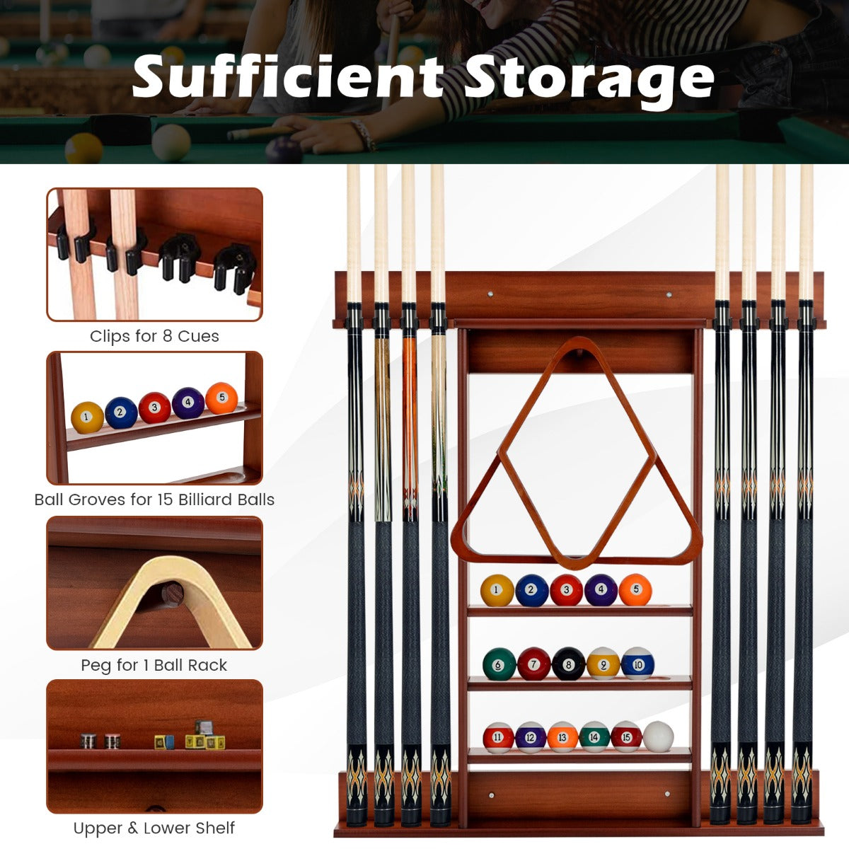 LIVSK Biljartkeu Houder - Wandmontage - Massief Grenenhout - Opbergruimte voor 8 Keues en 15 Ballen - Compact Design - Bruin