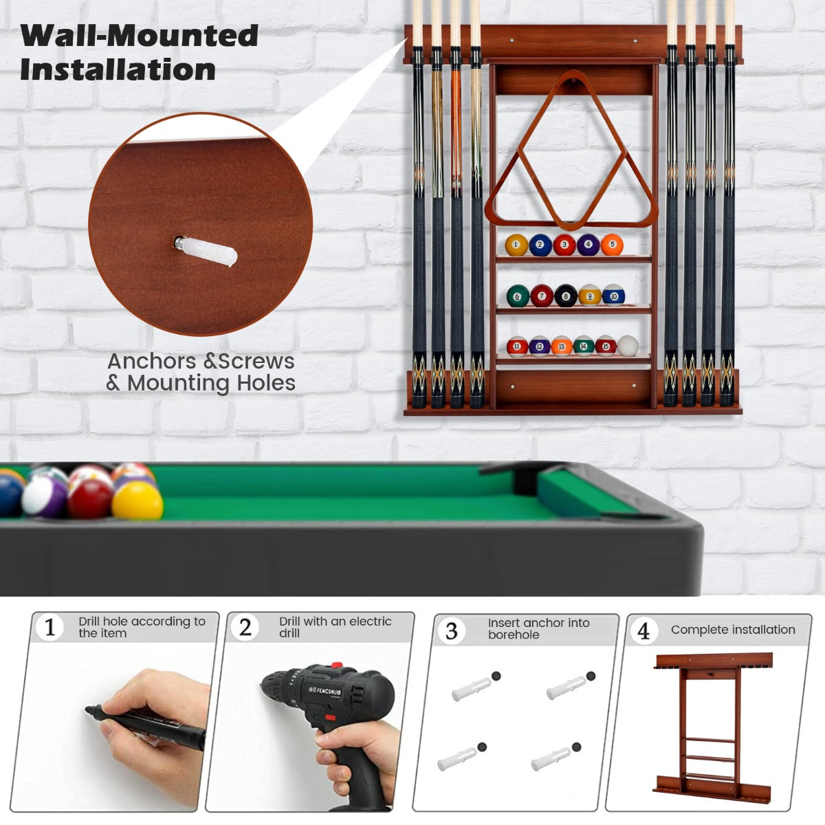 LIVSK Biljartkeu Houder - Wandmontage - Massief Grenenhout - Opbergruimte voor 8 Keues en 15 Ballen - Compact Design - Bruin