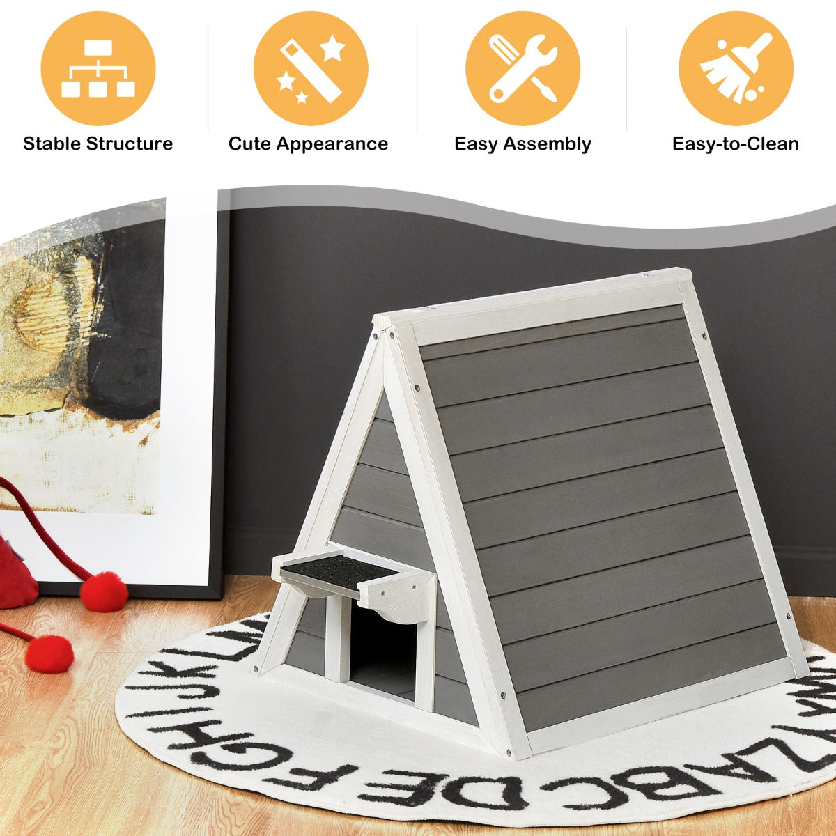 LIVSK Driehoekig Houten Kattenhuis - Weerbestendig en Comfortabel - Voor Kittens en Kleine Dieren - 50 x 55 x 52 cm - Grijs/Wit