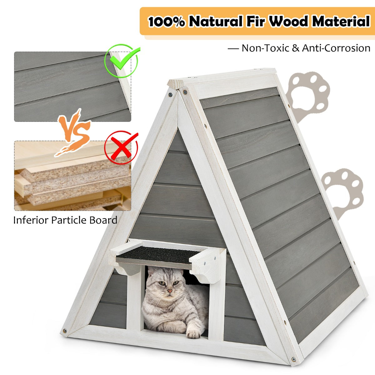 LIVSK Driehoekig Houten Kattenhuis - Weerbestendig en Comfortabel - Voor Kittens en Kleine Dieren - 50 x 55 x 52 cm - Grijs/Wit