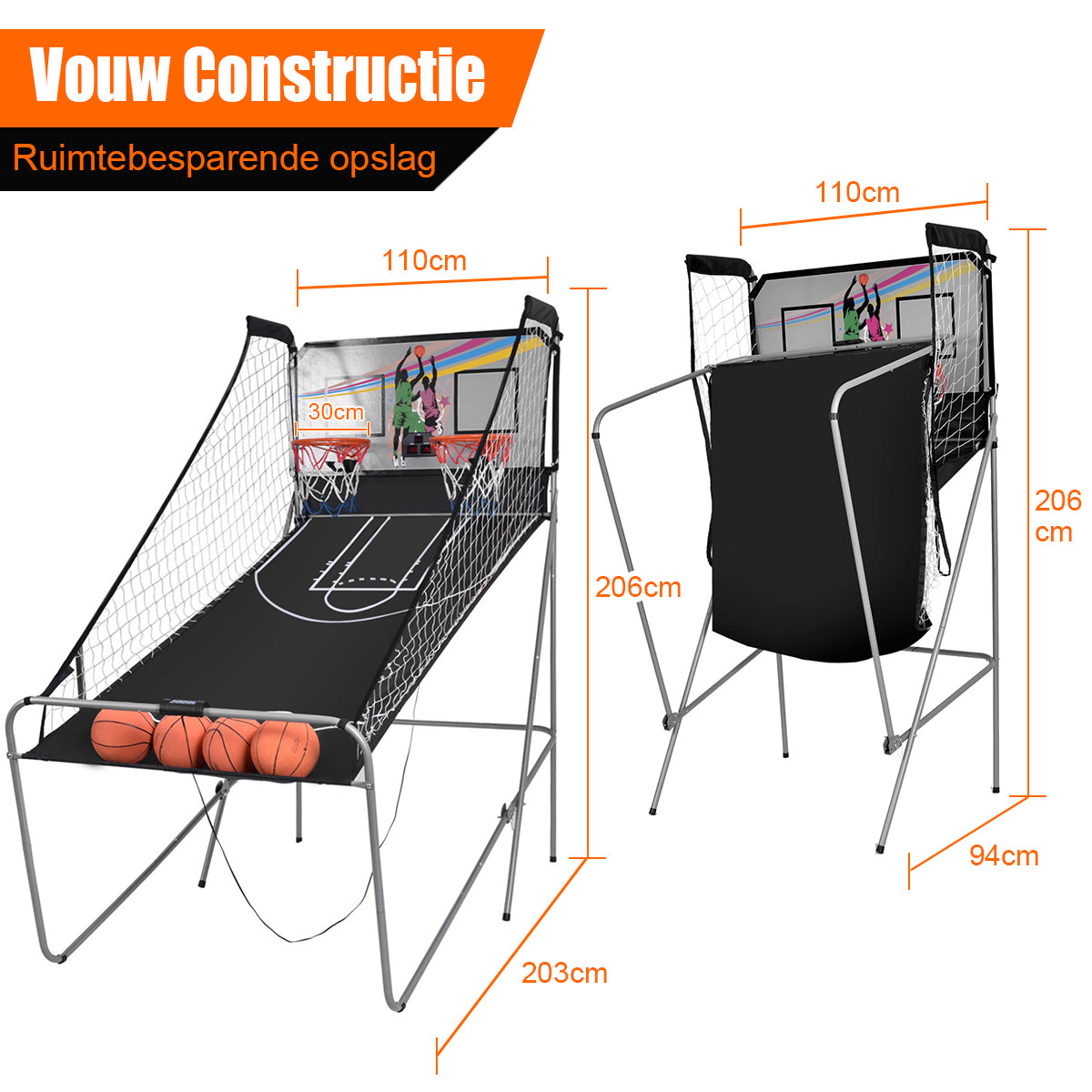 LIVSK Dubbel Schietend Elektronisch Basketbalspel - Inclusief 4 Ballen - 8 Spelopties - Opvouwbaar - Duurzaam - Zwart