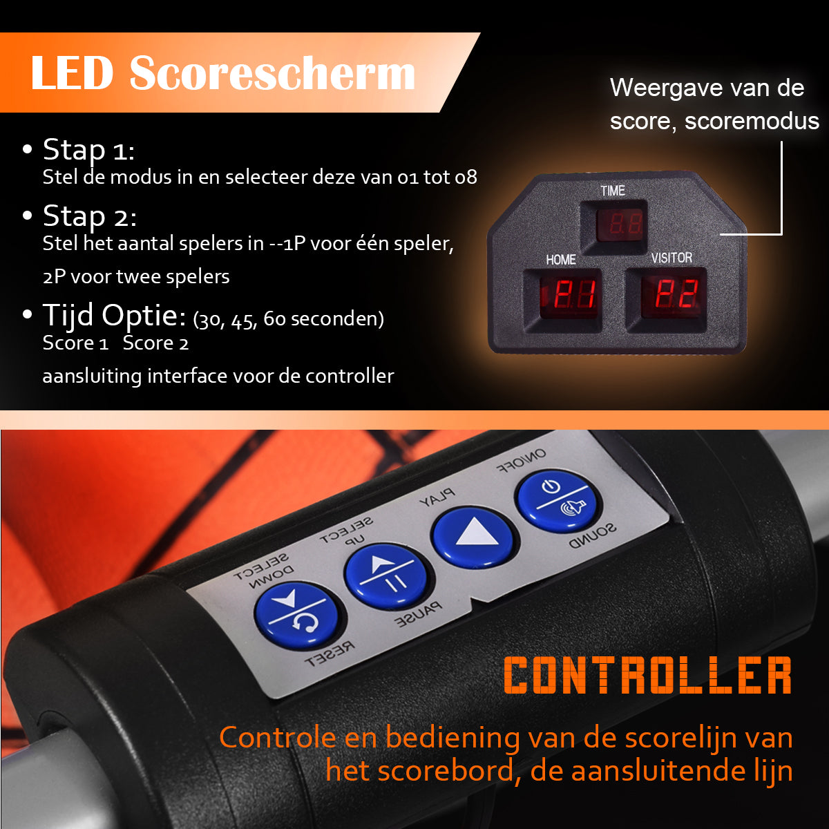 LIVSK Dubbel Schietend Elektronisch Basketbalspel - Inclusief 4 Ballen - 8 Spelopties - Opvouwbaar - Duurzaam - Zwart