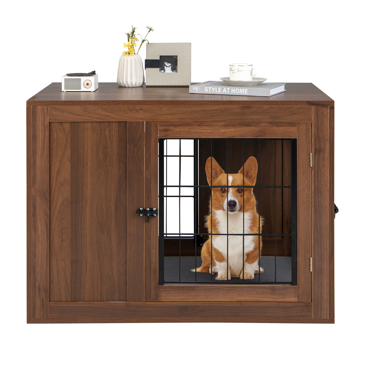 LIVSK Hoekbox voor Honden - Comfortabel Kussen - Praktische Bijzettafel - Duurzaam Ontwerp - 92 x 59 x 66,5 cm - Walnoot