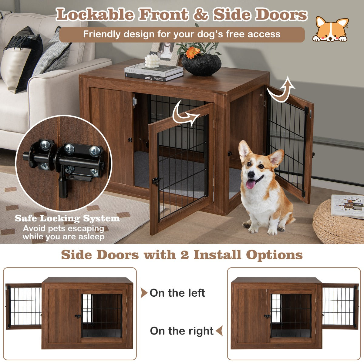 LIVSK Hoekbox voor Honden - Comfortabel Kussen - Praktische Bijzettafel - Duurzaam Ontwerp - 92 x 59 x 66,5 cm - Walnoot
