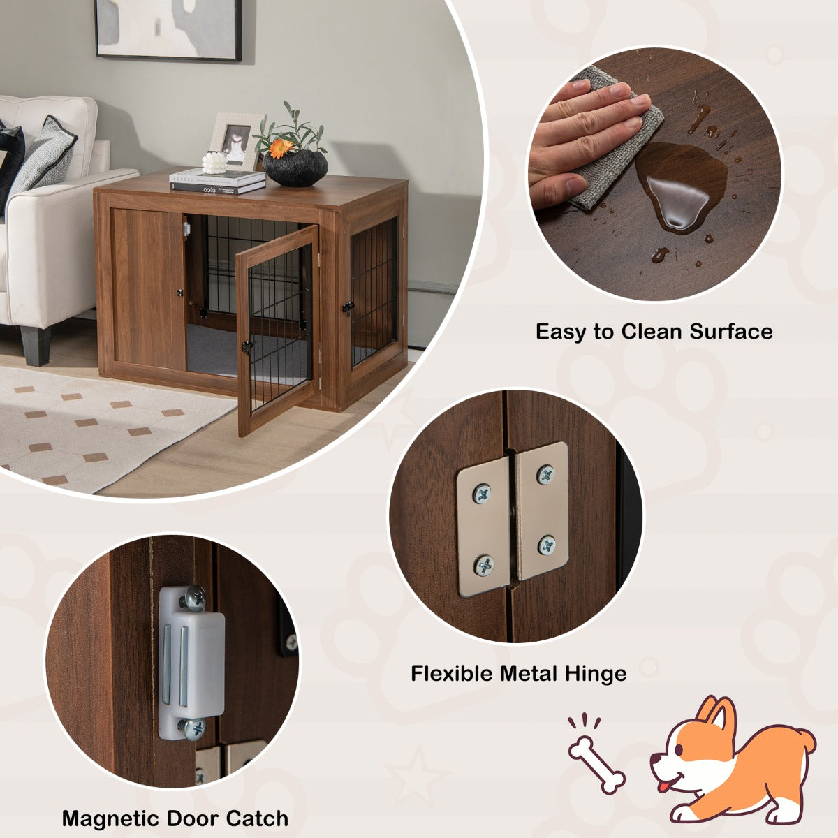 LIVSK Hoekbox voor Honden - Comfortabel Kussen - Praktische Bijzettafel - Duurzaam Ontwerp - 92 x 59 x 66,5 cm - Walnoot