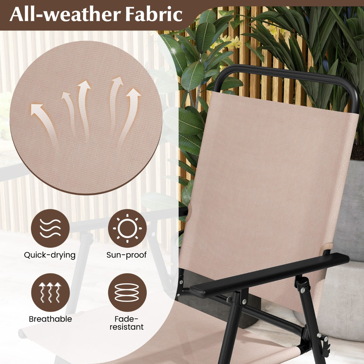 LIVSK Bartafelset 3-delig - Ronde Geharde Glasplaat - Inklapbare Stoelen - Parasolgat - Weerbestendig - Beige