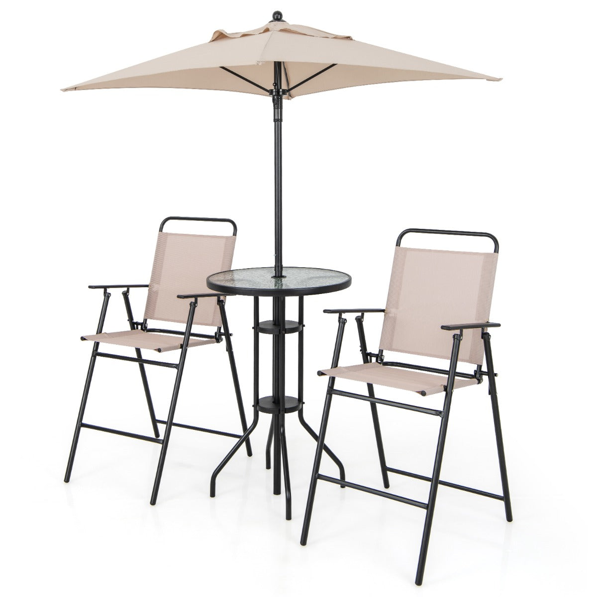 LIVSK Terrasmeubelset met Parasol - Inklapbare Barkrukken - Ergonomisch Ontwerp - Weerbestendig - Beige en Zwart