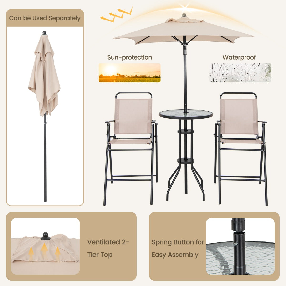 LIVSK Terrasmeubelset met Parasol - Inklapbare Barkrukken - Ergonomisch Ontwerp - Weerbestendig - Beige en Zwart