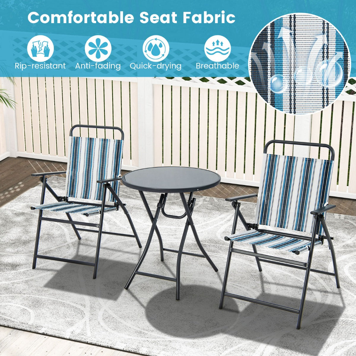 LIVSK Opvouwbare Terrasstoelenset met Ronde Tafel - Ergonomisch - Ademend - Stabiel Metaal - Voor Tuin of Balkon - Grijs
