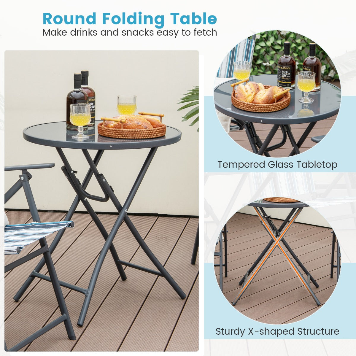 LIVSK Opvouwbare Terrasstoelenset met Ronde Tafel - Ergonomisch - Ademend - Stabiel Metaal - Voor Tuin of Balkon - Grijs