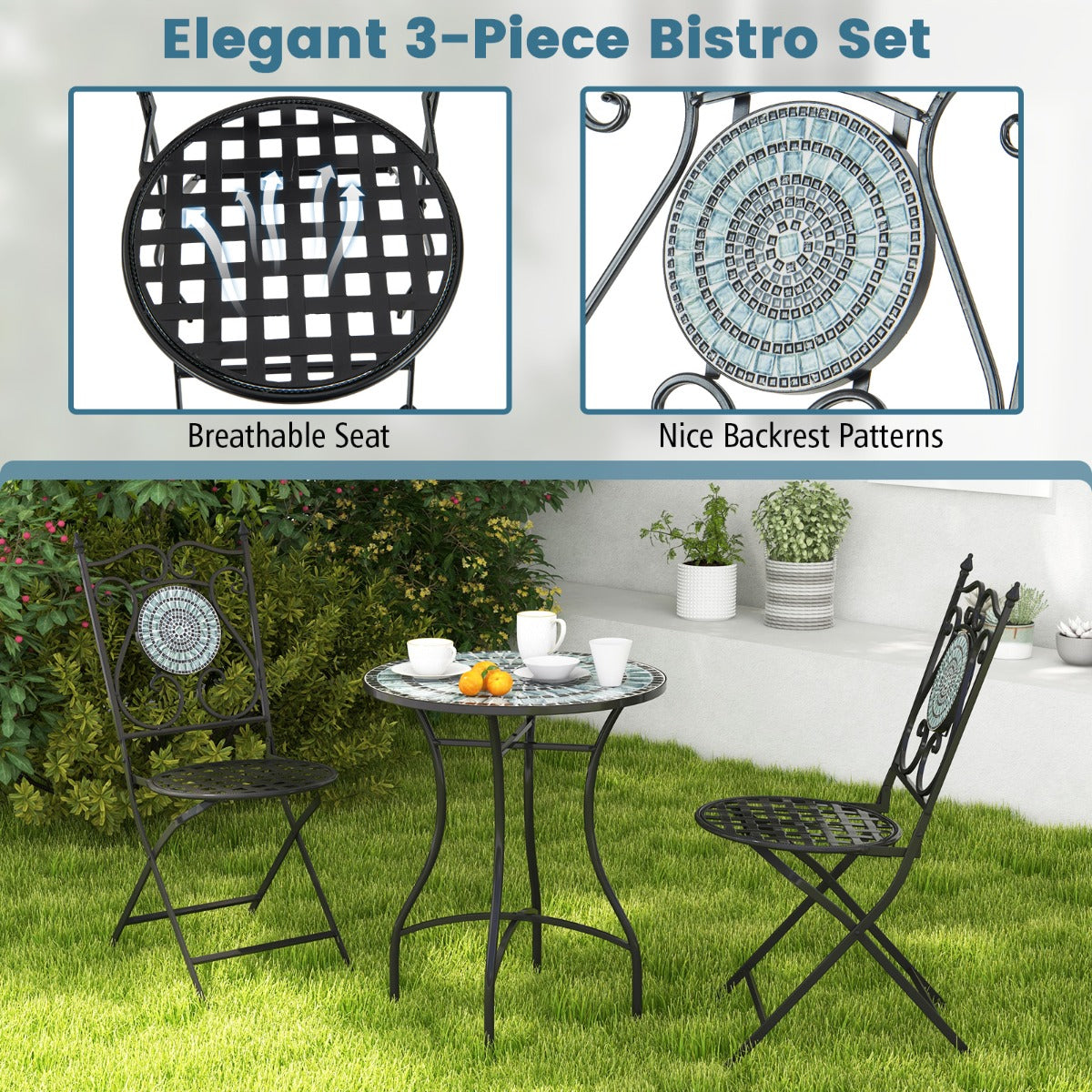 LIVSK Mozaïekstoelenset - 3 Delig met Inklapbare Stoelen - Duurzaam en Ergonomisch - Voor Binnen en Buiten - Zoals afgebeeld