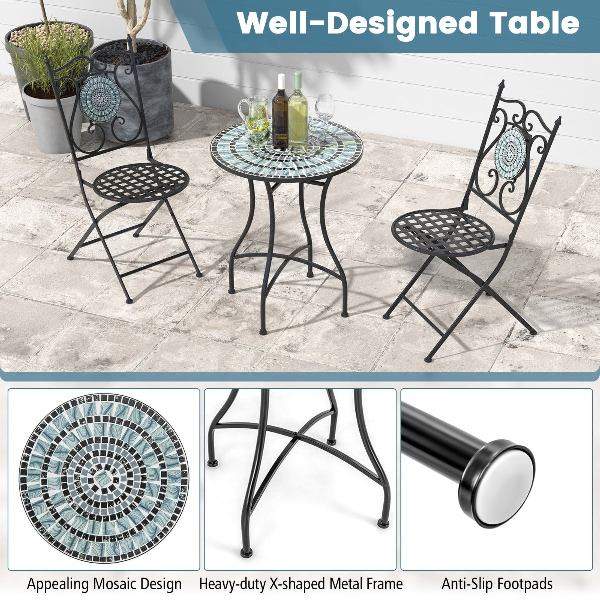 LIVSK Mozaïekstoelenset - 3 Delig met Inklapbare Stoelen - Duurzaam en Ergonomisch - Voor Binnen en Buiten - Zoals afgebeeld